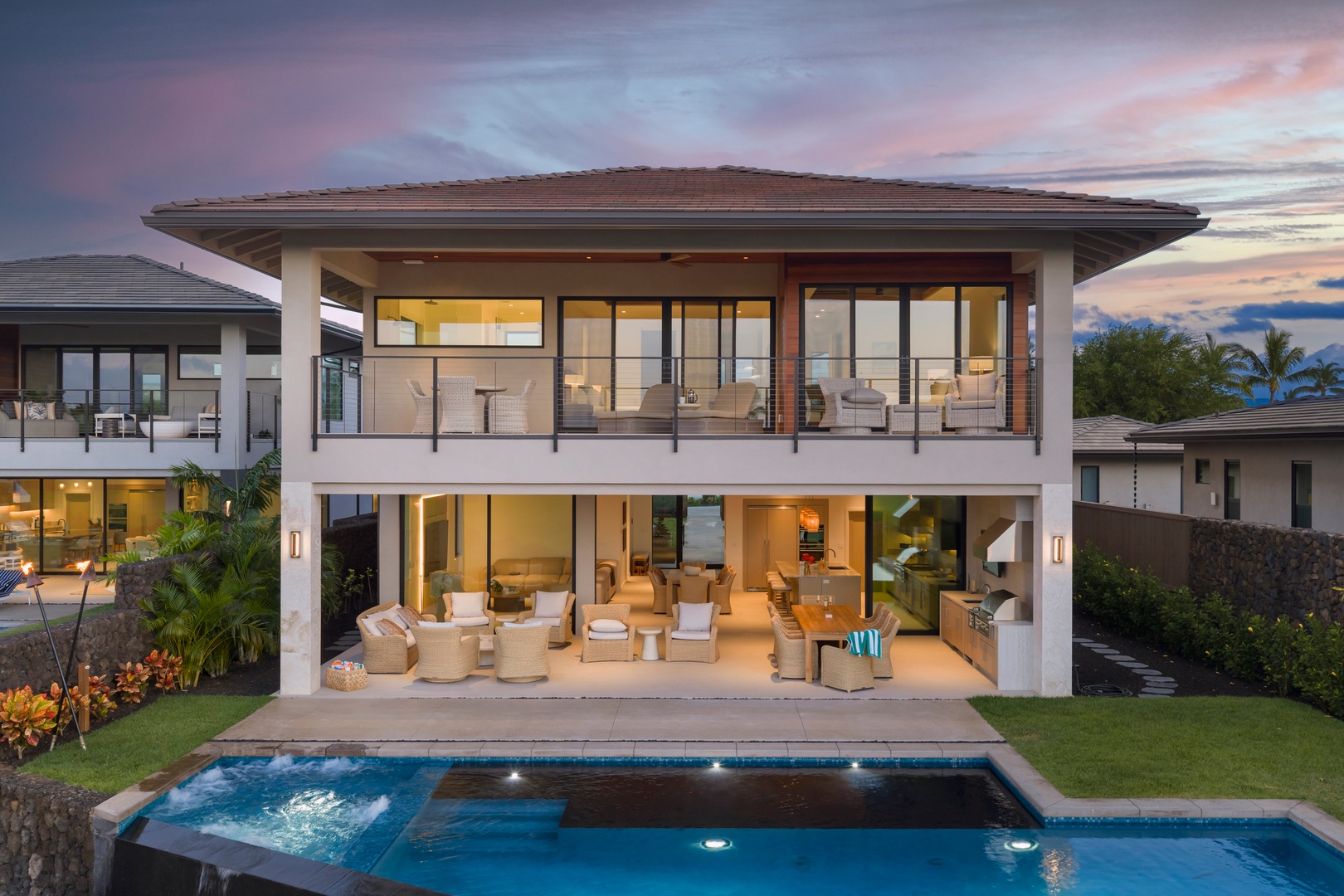 Kamuela Vacation Rentals, 6BD Mauna Lani Lux Golf Estate (5) at One Ocean - As dusk settles in, the home and pool create a serene evening retreat.