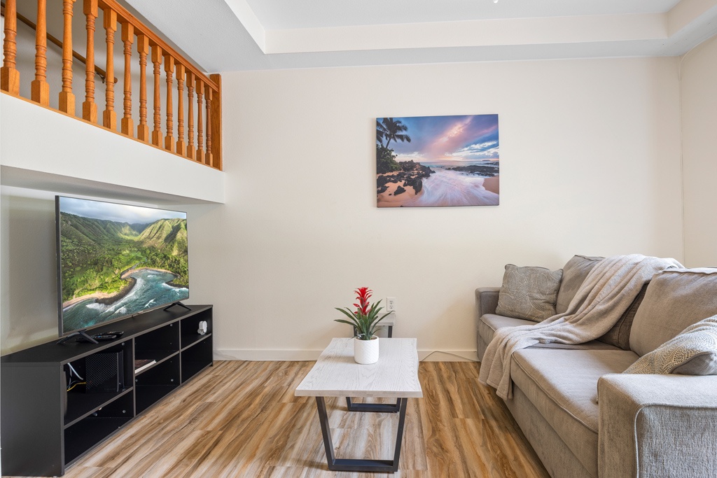 Another inviting view of the main living space, ideal for movie nights, relaxing evenings, or connecting after a day at Ko Olina Lagoons.