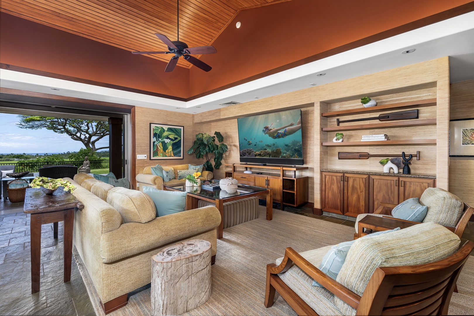 Kailua Kona Vacation Rentals, 3BD Pakui Street Estate (149) at Hualalai Resort - Settle into the great room where a koa ceiling arches over the whole open plan.