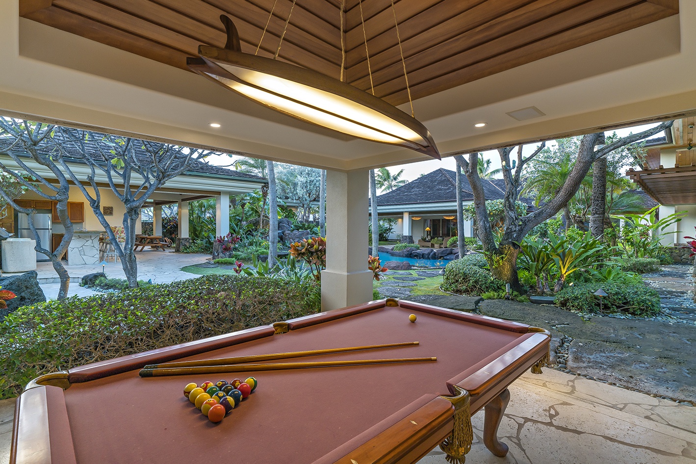 Kailua Vacation Rentals, Kailua's Kai Moena Estate - Guest house: Billiard room with slider doors to fully open to the inside courtyard.