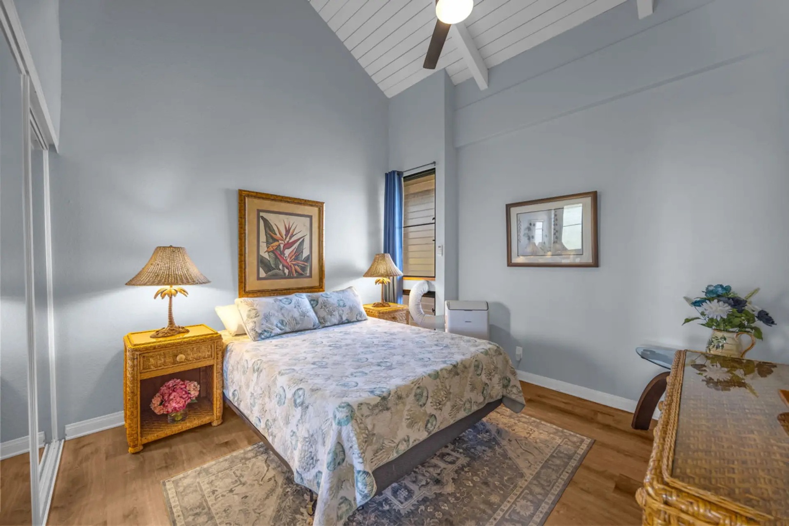 Kihei Vacation Rentals, Maui Vista 2420 - Sunlight climbs the vaulted plank ceiling, giving the bedroom an open, airy calm.