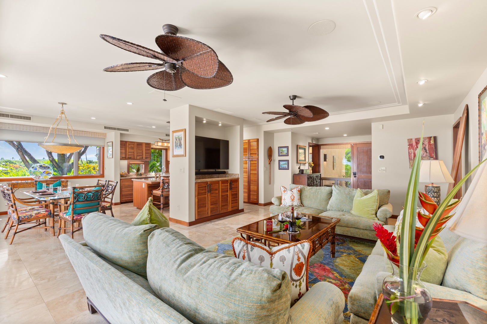 Kailua Kona Vacation Rentals, 2BD Hillside Villa (4102) at Hualalai Resort - Spacious open-concept lounge with breezy garden views.
