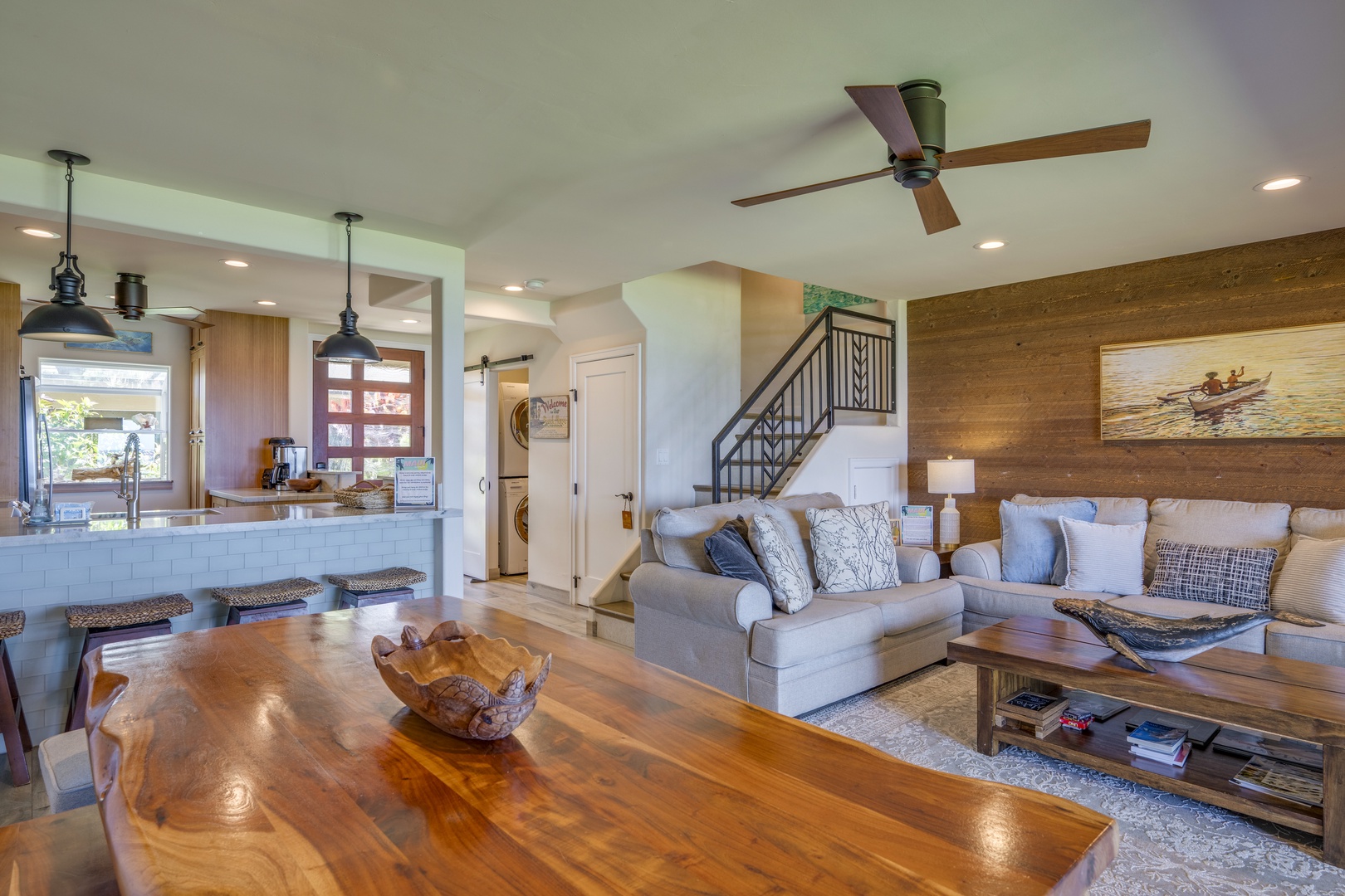 Lahaina Vacation Rentals, Puamana 240-3 - Dining area with vibrant tropical accents and seamless access to the kitchen and living space.