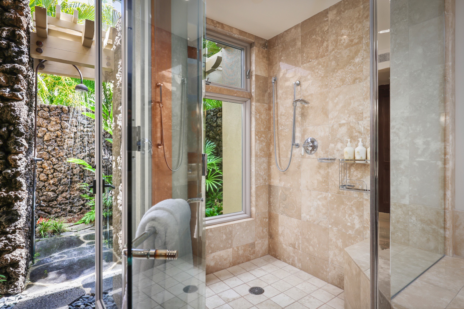Kailua Kona Vacation Rentals, 3BD Ke Alaula (210B) Villa at Hualalai Resort - Primary indoor shower with view toward shower garden.