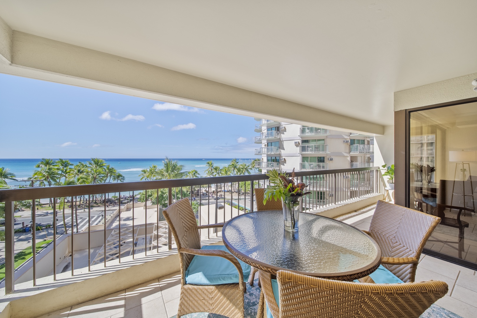 Honolulu Vacation Rentals, Aston Waikiki Beach Tower 602 - Dine al fresco on your private lanai overlooking turquoise waters.