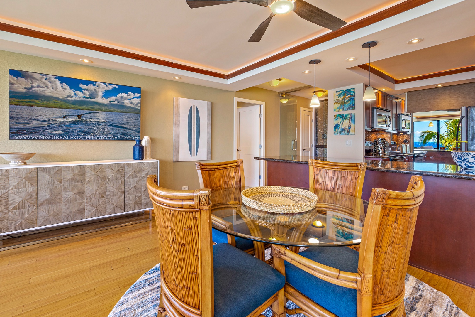 Lahaina Vacation Rentals, Mahana 608 - Dining area with a tropical vibe, perfect for casual meals or special gatherings.