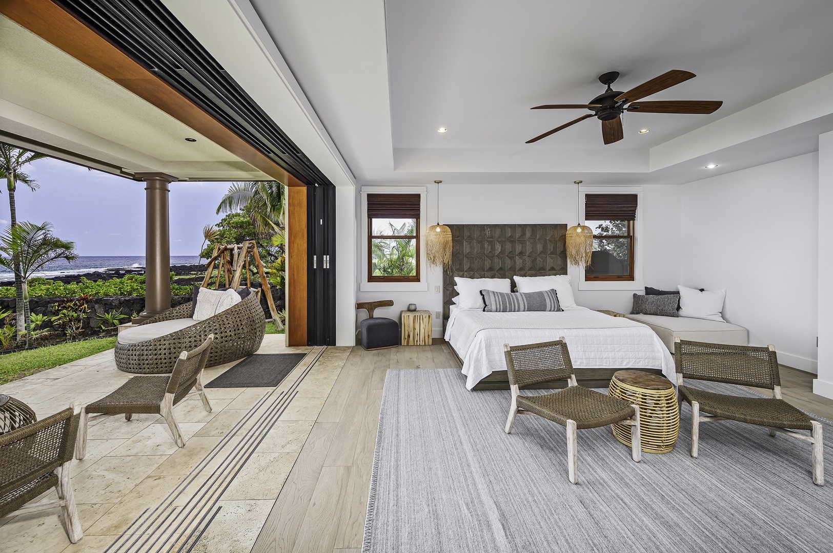 Kailua Kona Vacation Rentals, Alohi Kai Estate** - 2nd Floor Master has a huge outdoor lanai with views for miles and outdoor Restoration Hardware furniture with oversized lounge chairs and chaise lounges