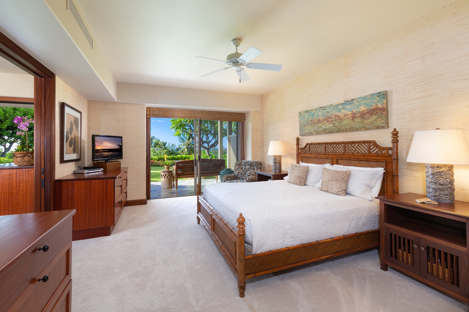 Kailua Kona Vacation Rentals, 3BD Ke Alaula Villa (210A) at Four Seasons Resort at Hualalai - Primary suite with king bed, flat screen television, and private lanai with ocean views.