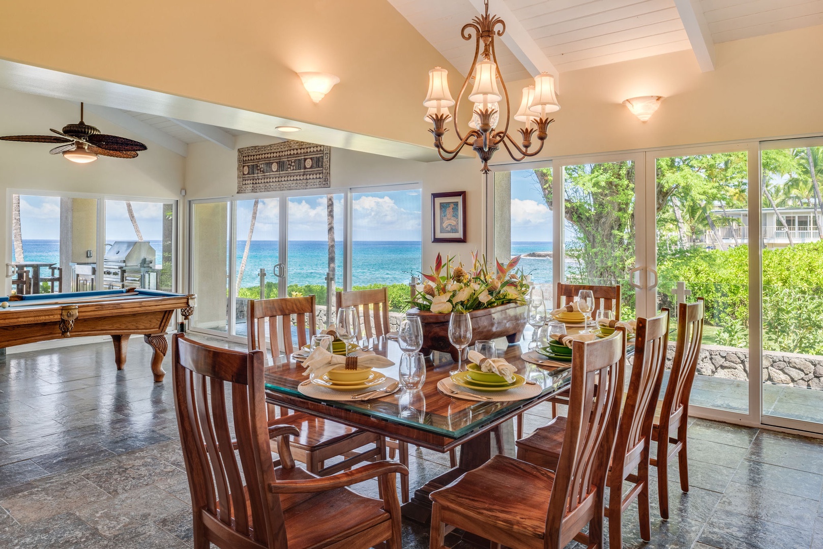 Kailua Kona Vacation Rentals, Kona Beach Bungalows** - Moana Hale Great Room formal dining table for eight.