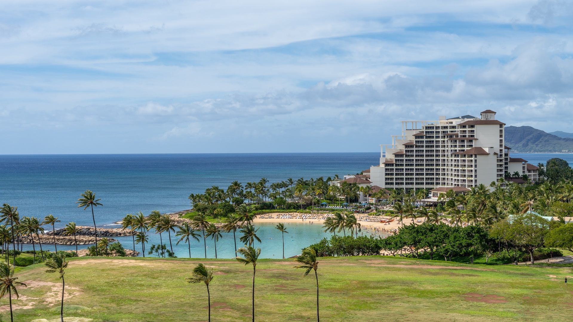 Kapolei Vacation Rentals, Ko Olina Beach Villas B1101 - A view of the ocean, lagoon 2 and the Four Seasons from the lanai.