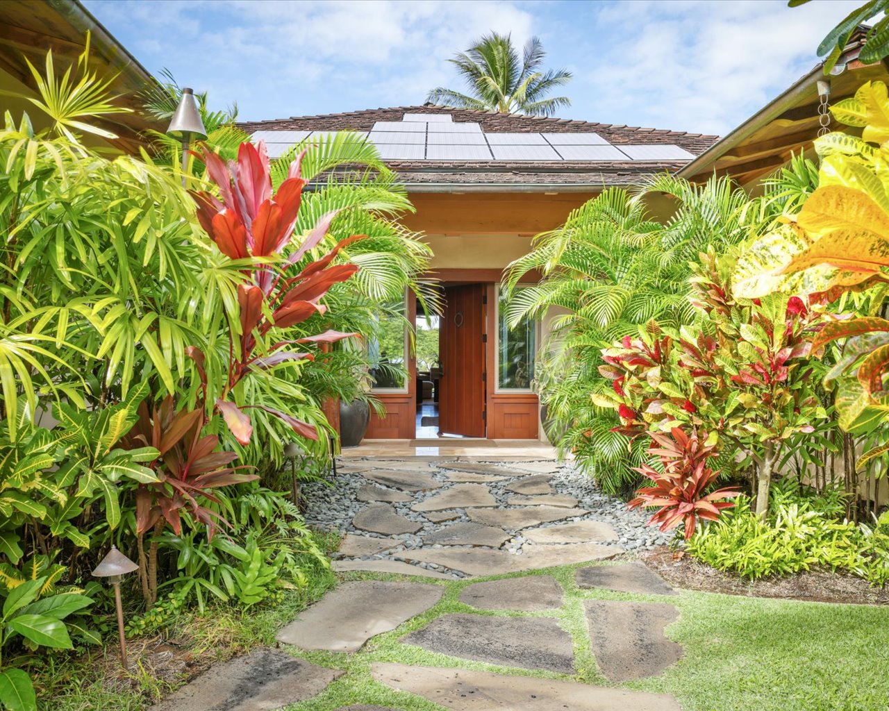 Kailua Kona Vacation Rentals, 3BD Pakui Street Estate (131) at Hualalai Resort - Front entrance guided by lush & tropical surroundings