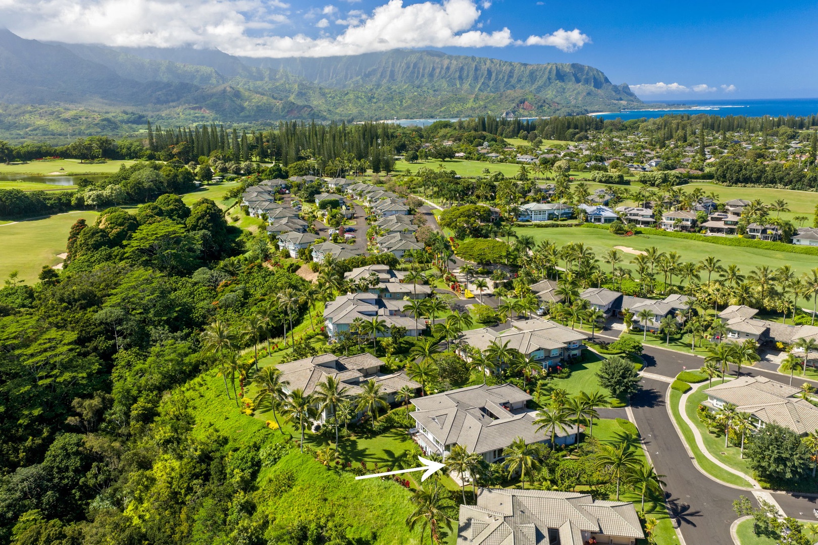 Princeville Vacation Rentals, Kaiulani #8 - Mountains, fairways, and a sliver of ocean surround the community in this view from above.