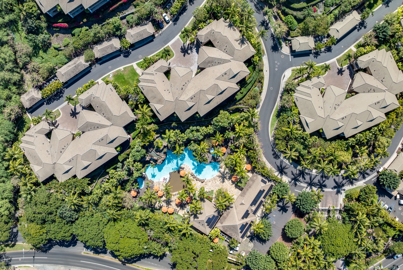 Wailea Vacation Rentals, Wailea Luxury Residence Hoolei 23-3 - Aerial view captures the lush resort and pool at Wailea Luxury Residence Hoolei 23-3.