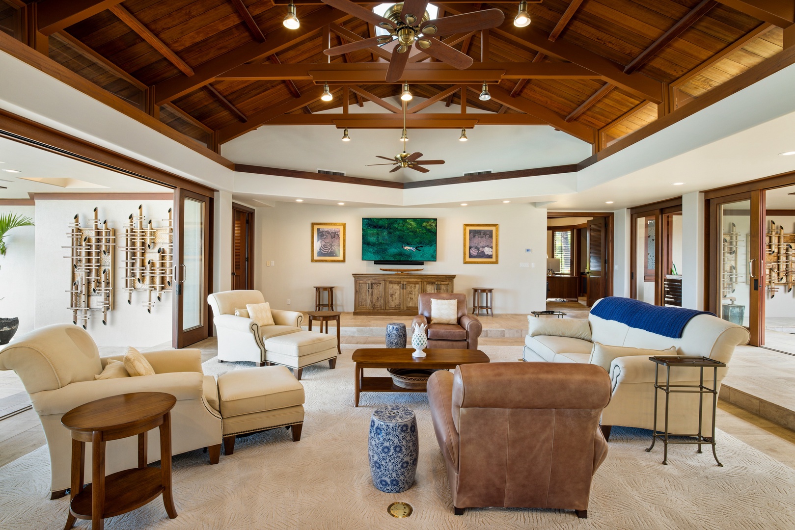 Kamuela Vacation Rentals, Champion Ridge 7 - Gather in the elegant great room where wood-paneled ceilings and curated art offer both style and comfort.