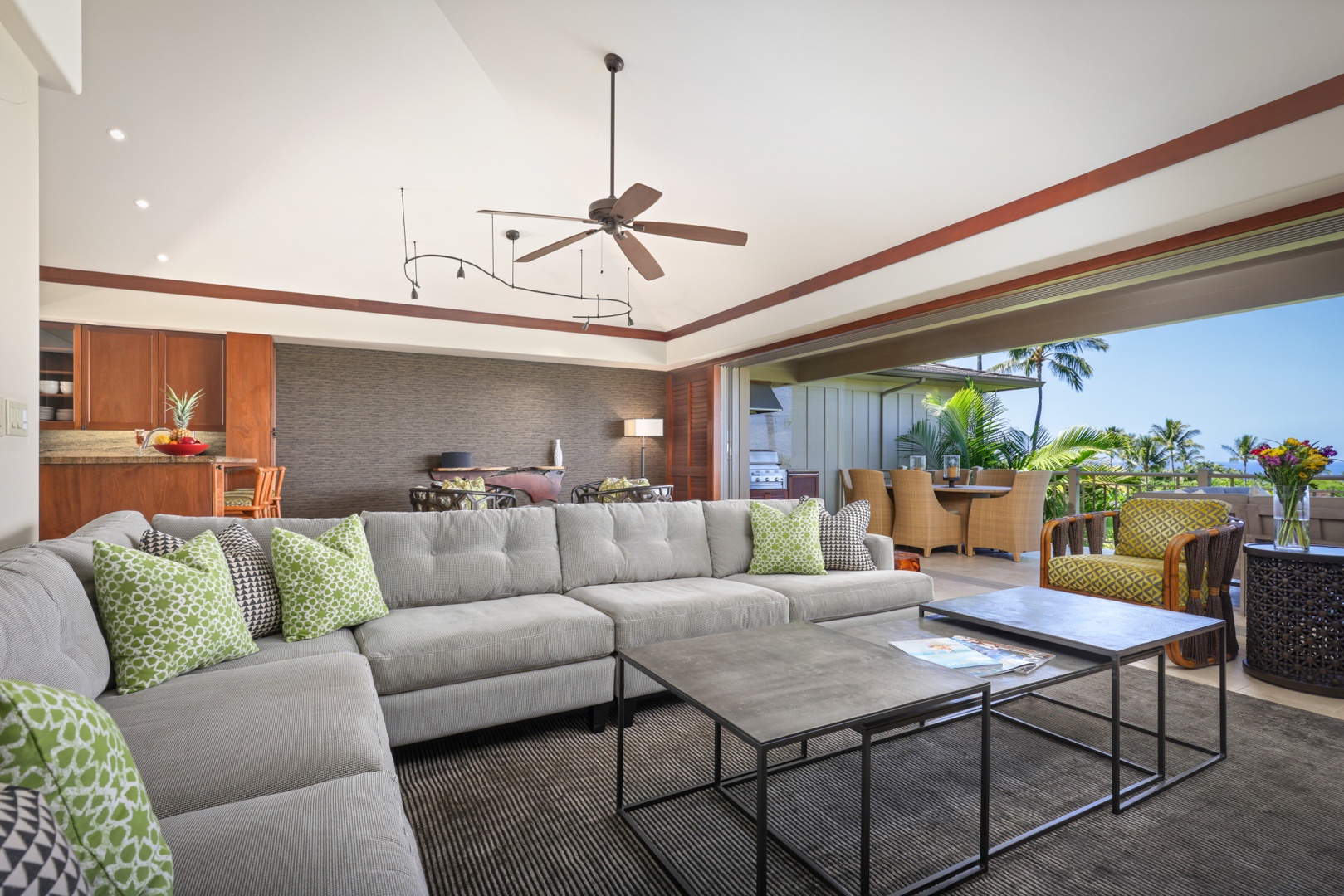 Kailua Kona Vacation Rentals, 3BD Ke Alaula Villa (210B) at Four Seasons Resort at Hualalai - Modern open concept great room w/floor to ceiling pocket doors to upper deck.