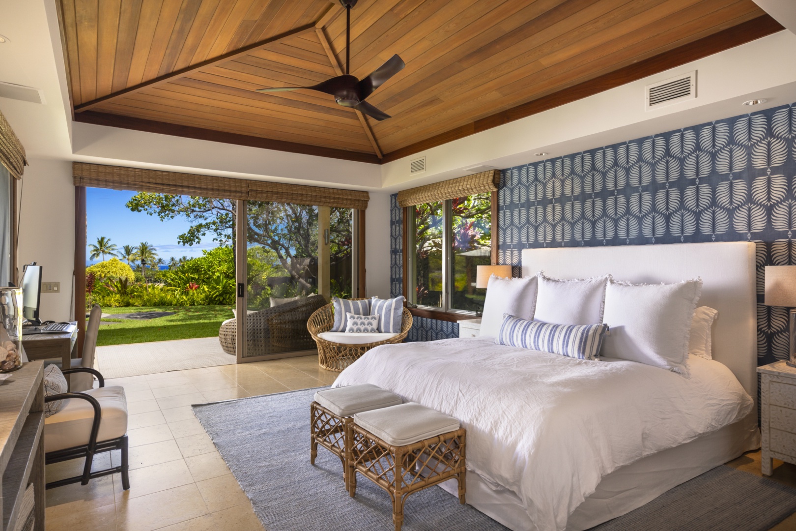 Kailua Kona Vacation Rentals, 4BD Kahikole Street (218) Estate Home at Four Seasons Resort at Hualalai - Primary bedroom suite with king bed, indoor sitting area, exclusive lanai & en suite bath