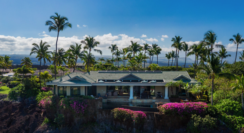 Kamuela Vacation Rentals, Canoe House at Champion Ridge - Canoe House Champion Ridge – Elegant luxury home nestled among palm trees with vibrant tropical gardens.