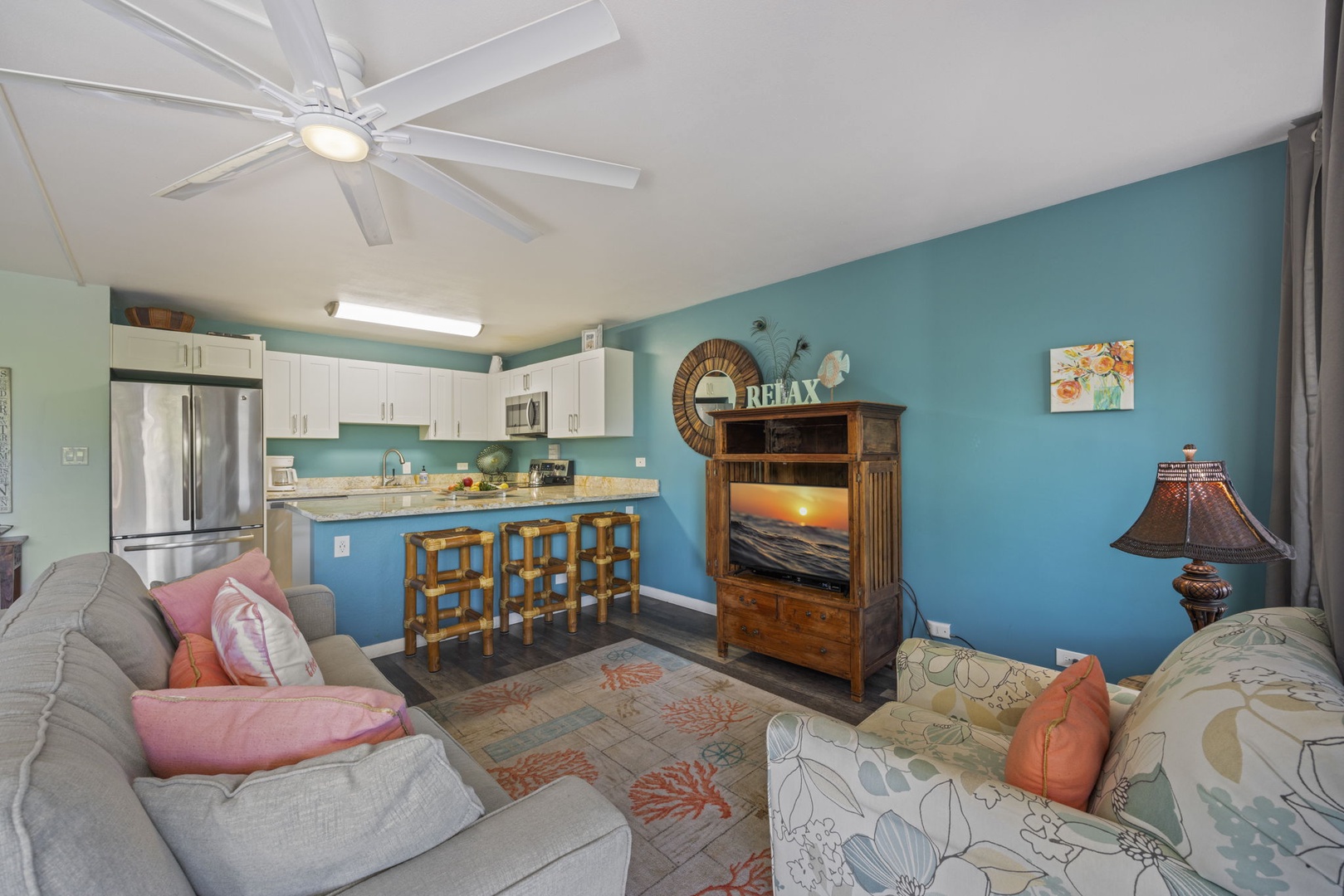 Kihei Vacation Rentals, Kihei Alii Kai C206 - Two sofas and an armchair angle toward the TV for the low-key evenings in.