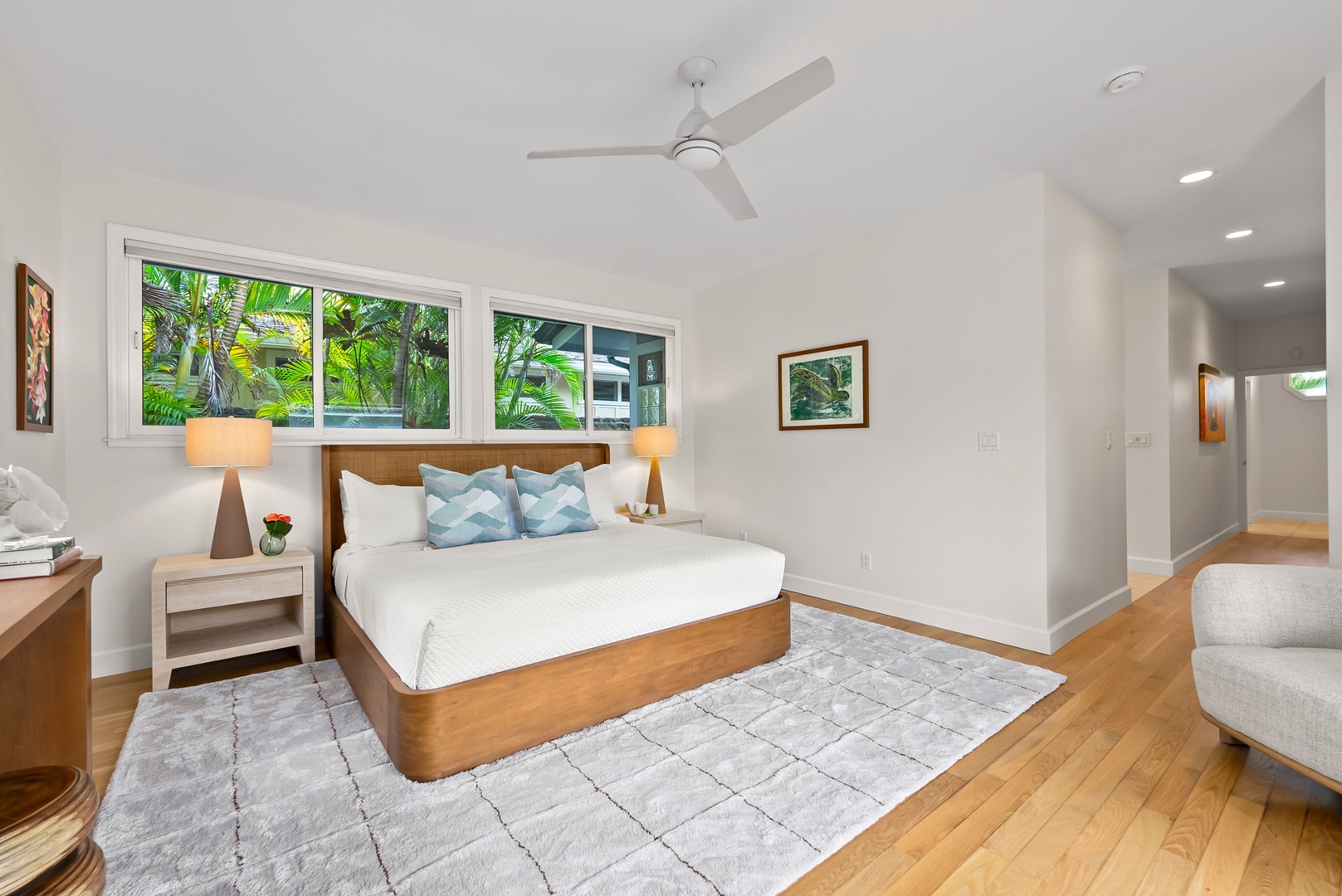 Kailua Vacation Rentals, Kailua Beach House - Calm and airy bedroom with a king bed and big windows for natural light.