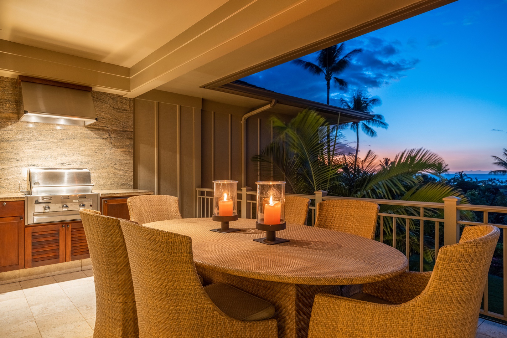 Kailua Kona Vacation Rentals, 3BD Ke Alaula Villa (210B) at Four Seasons Resort at Hualalai - Regal outdoor dining table at twilight.