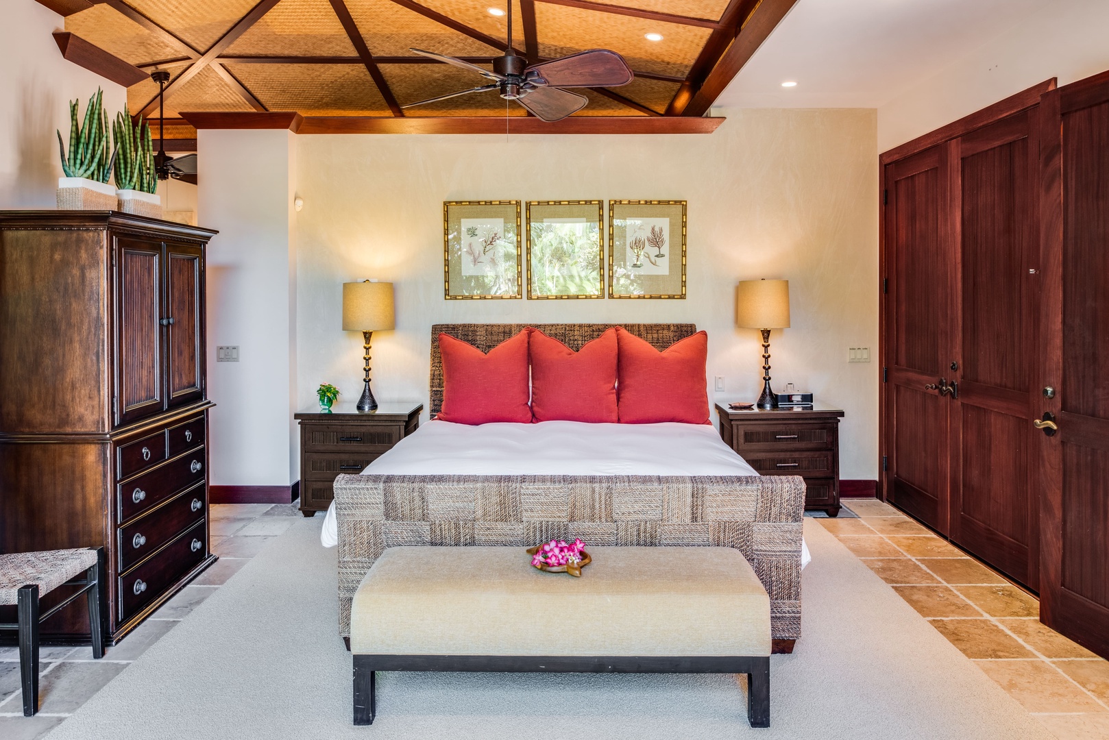 Kamuela Vacation Rentals, House of the Turtle at Champion Ridge, Mauna Lani (CR 18) - The primary suite offers a king-sized bed, TV and ensuite bathroom.