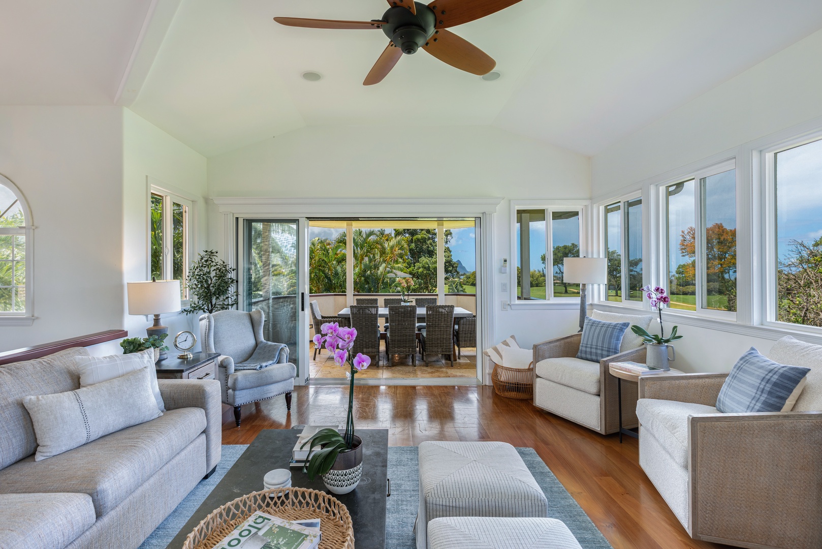 Princeville Vacation Rentals, Ohana Kamalani - Bright and spacious living room with plush seating, perfect for group gatherings or winding down after island adventures.