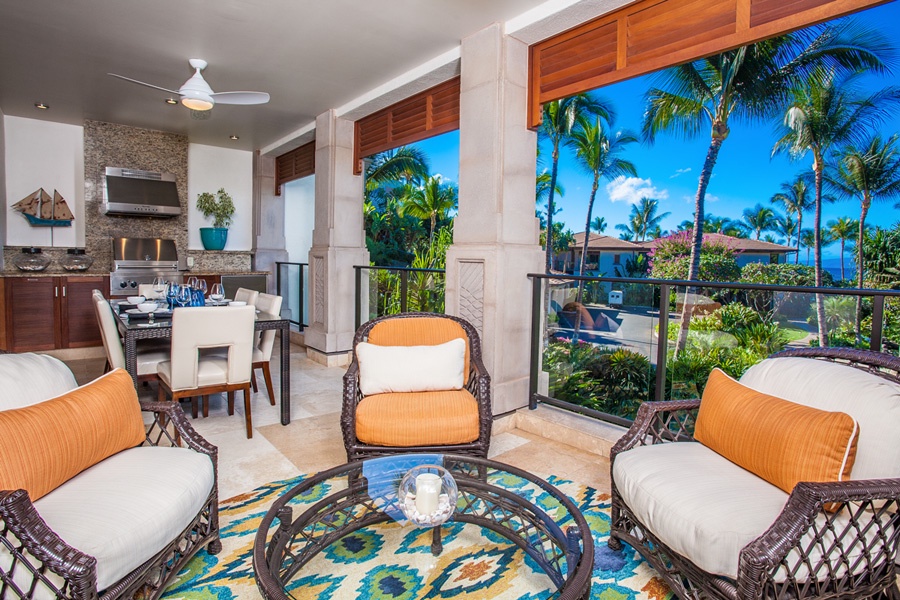 Wailea Vacation Rentals, Castaway Cove C201 at Wailea Beach Villas* - Ocean View Fresh Air Covered Dining Terrace with Viking BBQ Grill, Lounging Area
