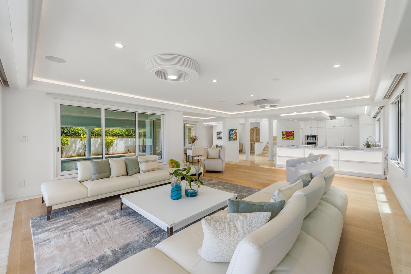 Kailua Vacation Rentals, Lanikai Sunrise Estate - Ocean-facing great room that blends elegance, comfort, and seamless indoor-outdoor flow.