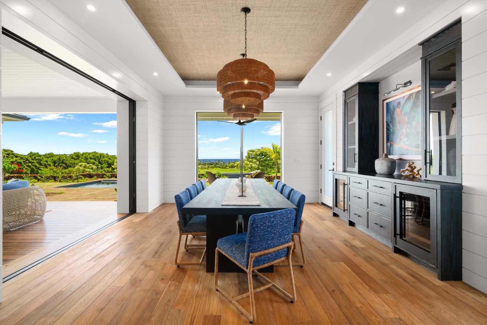 Koloa Vacation Rentals, Makani Kai - Dinner for the whole group, doors open to the views beyond.