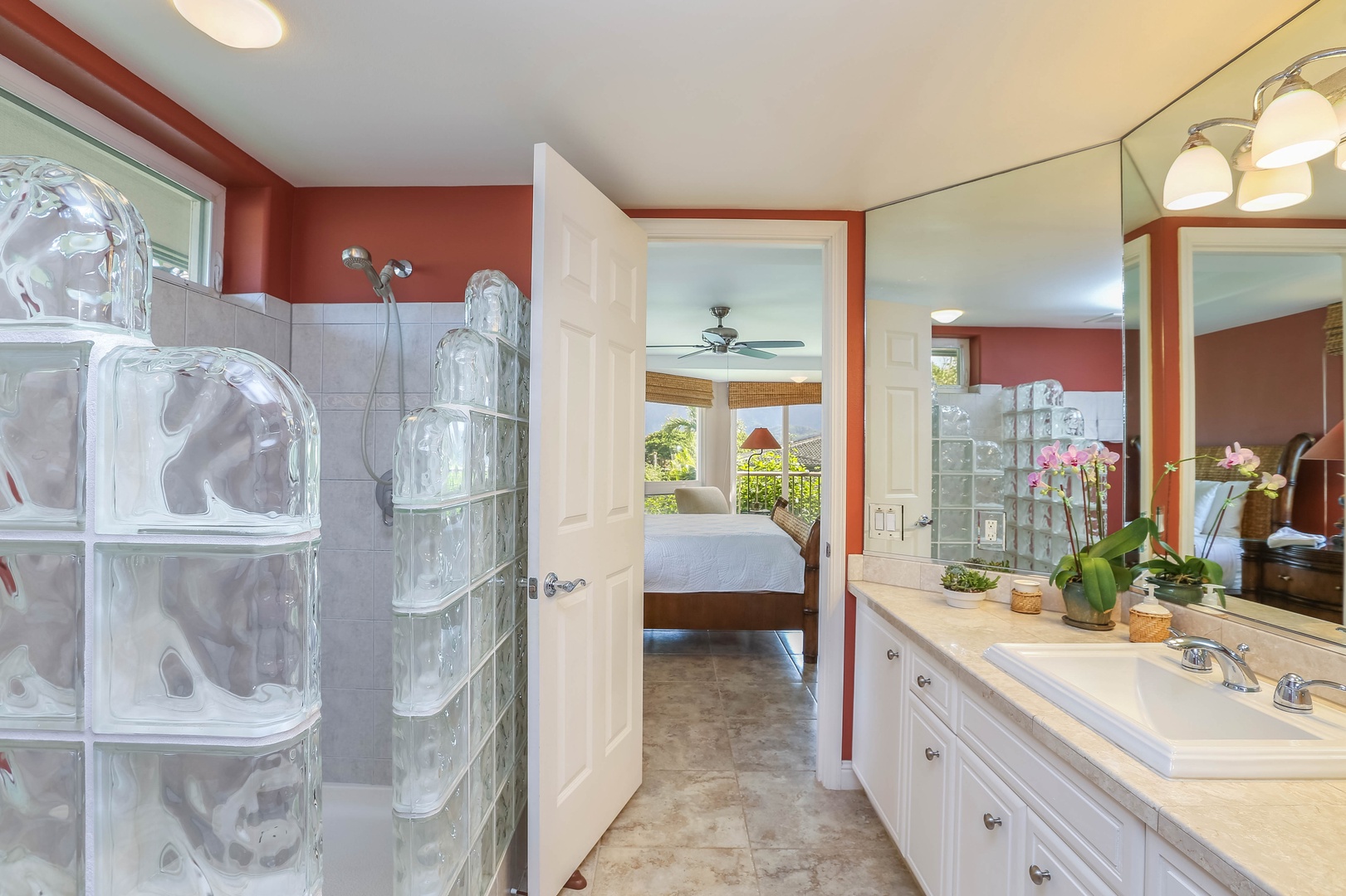 Princeville Vacation Rentals, Nohea Villa - The ensuite bathroom in the second suite has a walk-in shower and ample vanity space.