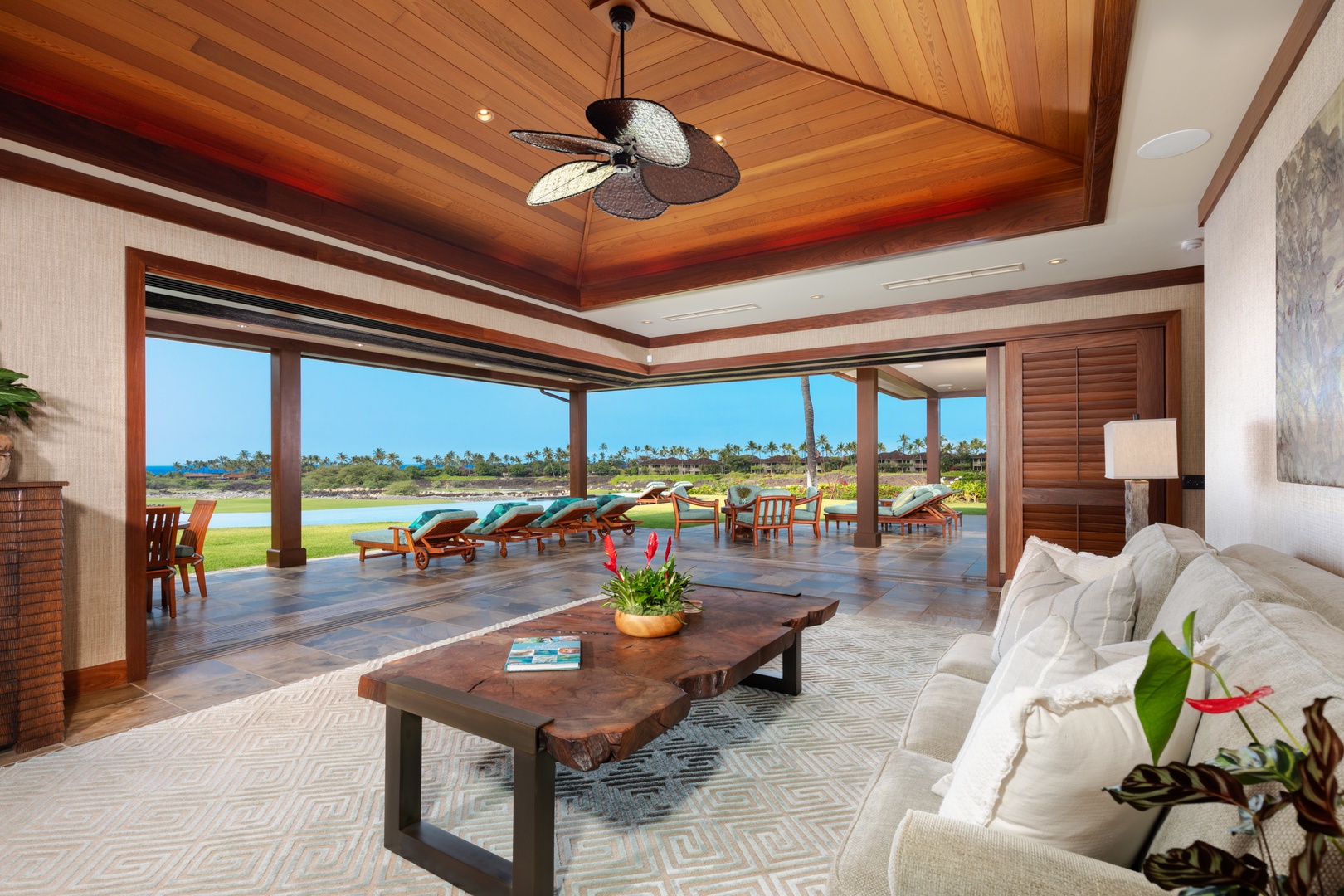 Kailua Kona Vacation Rentals, 5BD Ke Alaula Estate (144) at Hualalai Resort - Vaulted wood-inlay ceilings and pocket doors create seamless indoor-outdoor living.