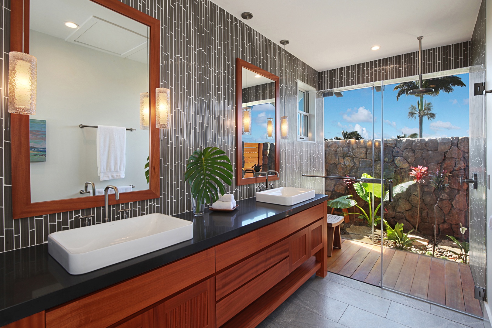 Koloa Vacation Rentals, Hale Kainani #6 E Komo Mai - Primary Suite bathroom with outdoor lava rock shower