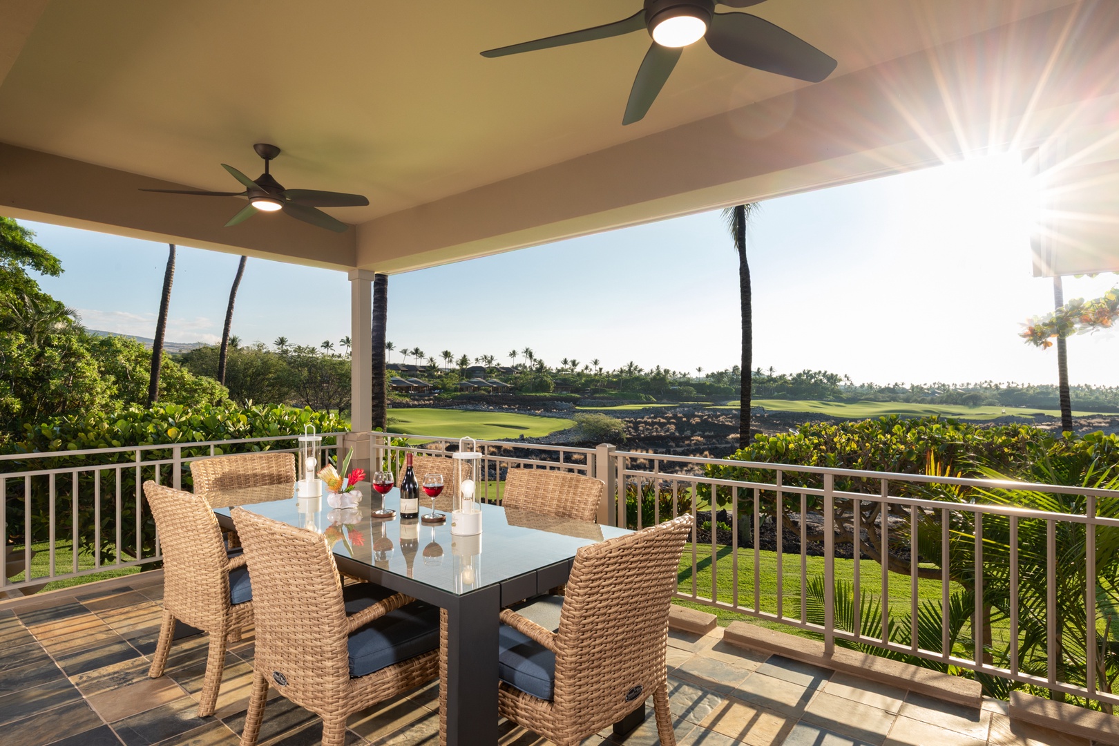 Kailua Kona Vacation Rentals, 3BD Waiulu Villa (111D) at Hualalai Resort - Savor your morning coffee or evening wine on the spacious covered lanai, where gentle ceiling fans keep you cool as you take in panoramic golf course views.