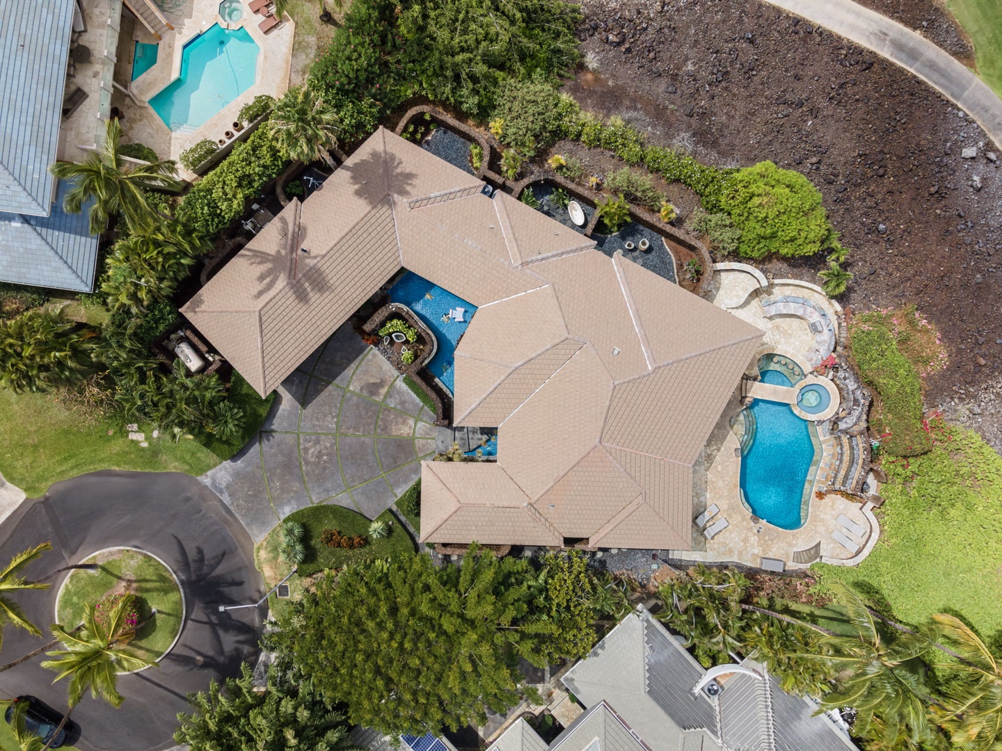 Kamuela Vacation Rentals, Hale Konane - Bird’s-eye view reveals the thoughtful design, private pool, and vibrant landscaping.