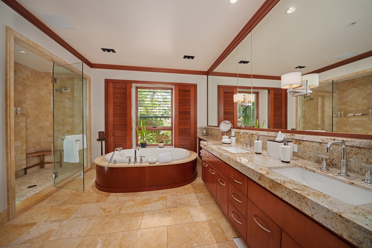 Kapalua Vacation Rentals, Ocean Dreams Premier Ocean Grand Residence 2203 at Montage Kapalua Bay* - Master Bedroom Bath with Deep Soaking Tub, Robes, Private WC, Walk-in Shower, Dual Vanities, Scale, Make-up Mirror, Hair Dryer, Safe.