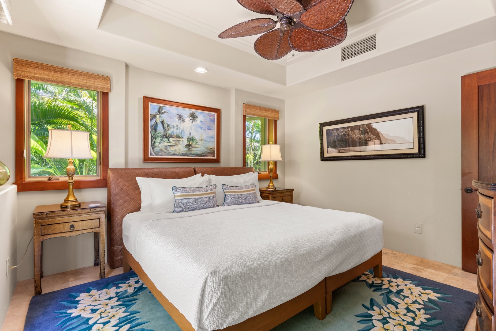 Kailua Kona Vacation Rentals, 2BD Hillside Villa (4102) at Hualalai Resort - Guest bedroom in warm tones with ceiling fan and plush bedding.
