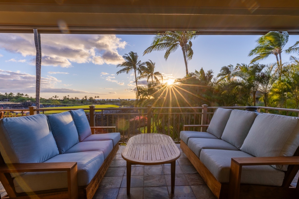 Kailua Kona Vacation Rentals, 3BD Ke Alaula Villa (217C) at Hualalai Resort - Spacious upper lanai with sunset and fairway views.