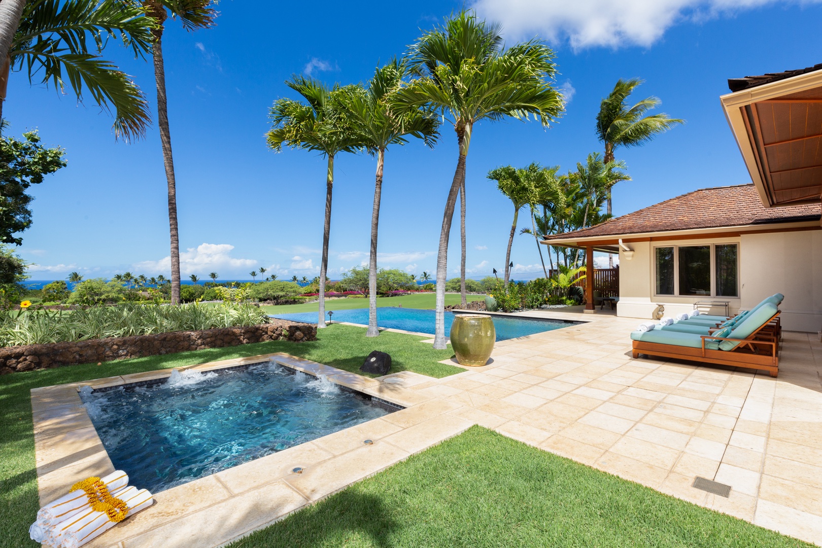 Kailua Kona Vacation Rentals, 4BD Hainoa Estate (102) at Four Seasons Resort at Hualalai - View from the yard towards the spa & pool