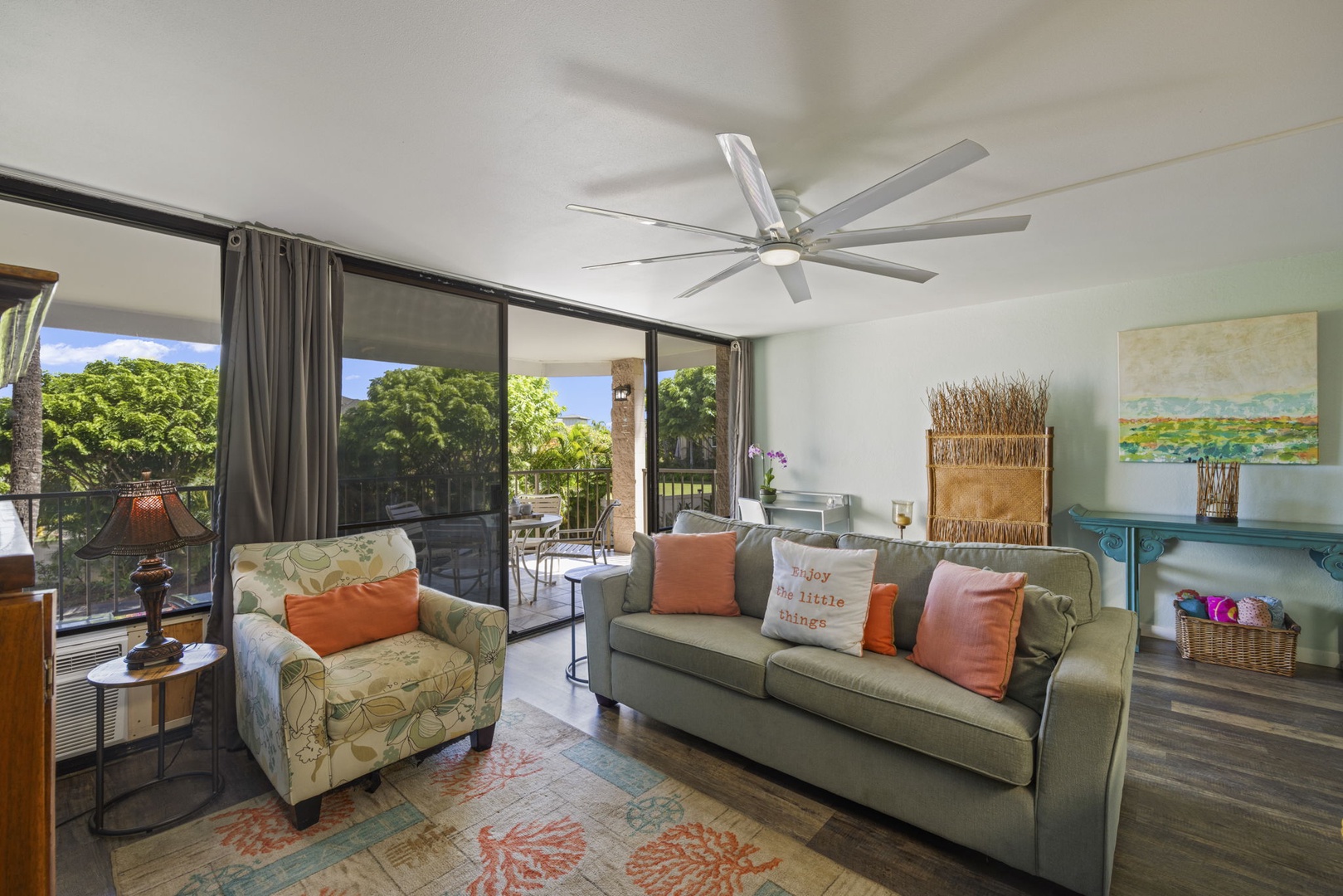 Kihei Vacation Rentals, Kihei Alii Kai C206 - Drop onto the sofa facing the screened lanai and let the afternoon drift away.