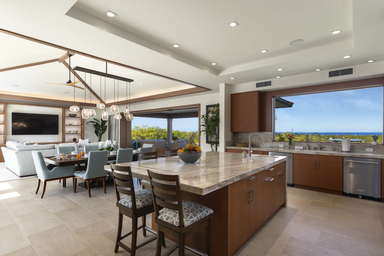 Kailua Kona Vacation Rentals, 4BR Luxury Puka Pa Estate (1201) at Four Seasons Resort at Hualalai - The island provides seating, plentiful workspace and the best views through expansive windows.