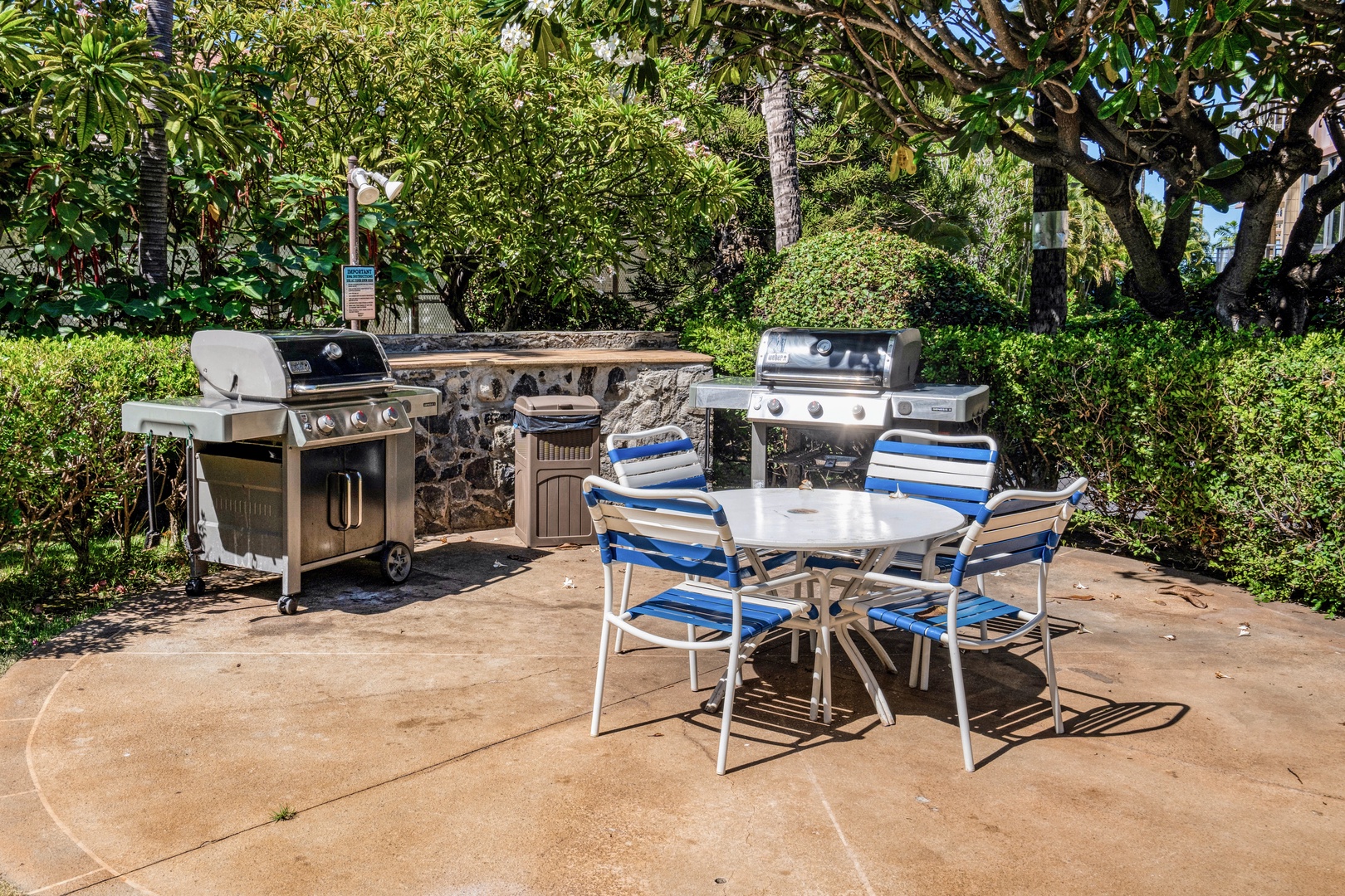 Kihei Vacation Rentals, Haleakala Shores A206 - Fire up one of two gas grills under the plumeria trees, then pull up a chair at the table alongside it.