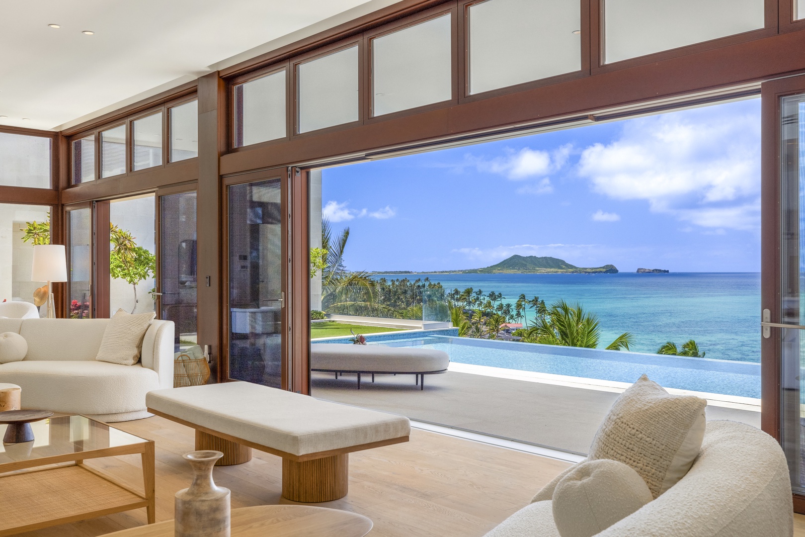 Kailua Vacation Rentals, Lanikai Hillside Estate - Immerse yourself in panoramic ocean views from every angle of the elegant living room.