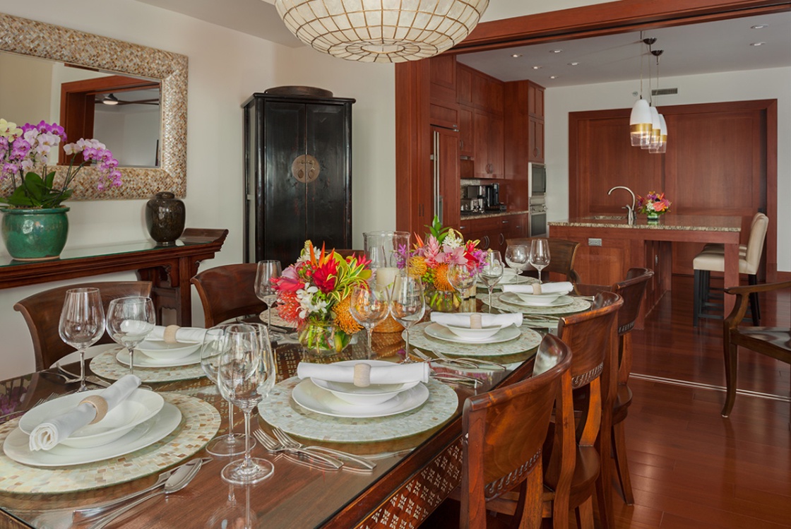 Kapalua Vacation Rentals, Ocean Dreams Villa 2203 at Montage Kapalua Bay* - Interior Formal Dining Room with Mother of Pearl Inset Table and Mirror - Seating for 8