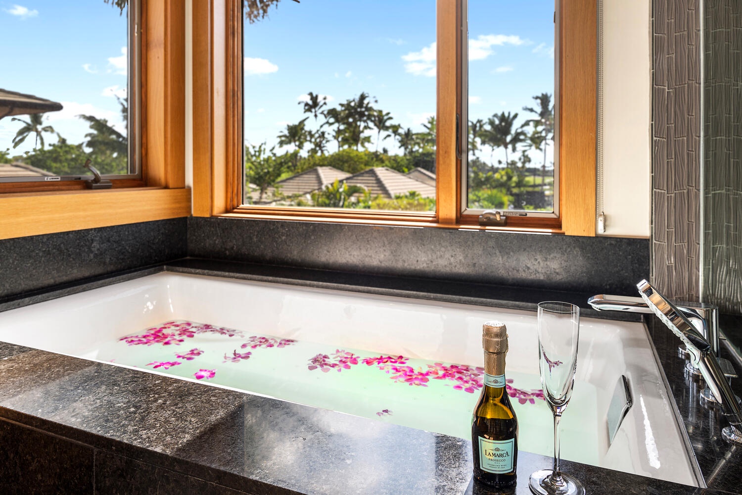 Kamuela Vacation Rentals, Laule'a at the Mauna Lani Resort #14 - Treat yourself to a soak with champagne and palm views just beyond the tub.
