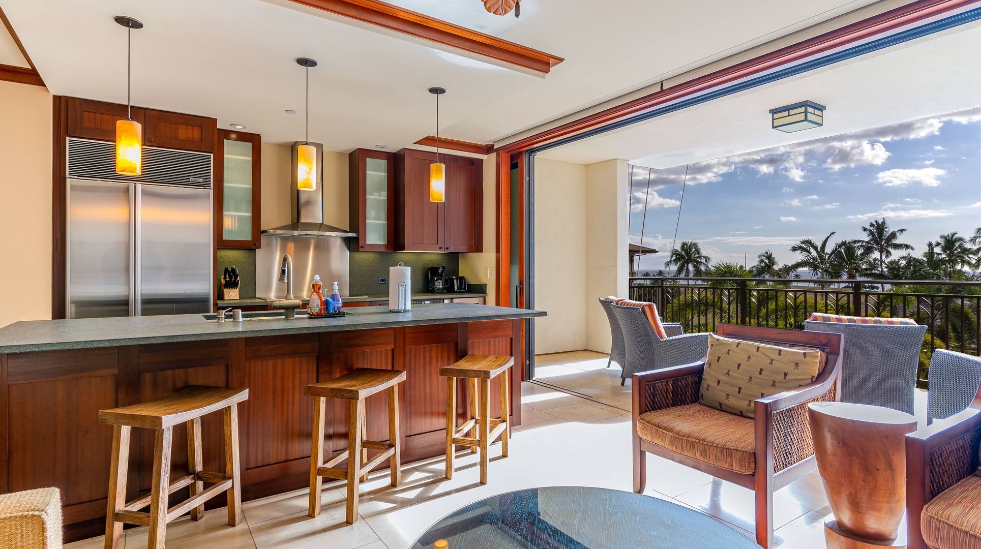 Kapolei Vacation Rentals, Ko Olina Beach Villas O401 - A Roy Yamaguchi designed kitchen with views of the island.