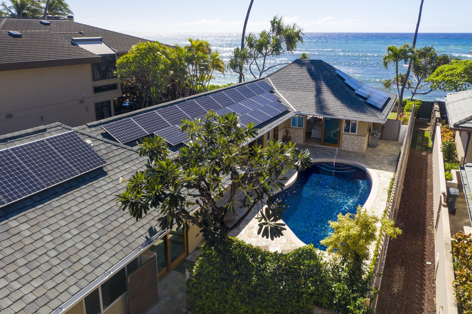 Honolulu Vacation Rentals, Hale Makai at Diamond Head - Aerial view of the private pool, surrounded by tropical foliage and just steps from the ocean.