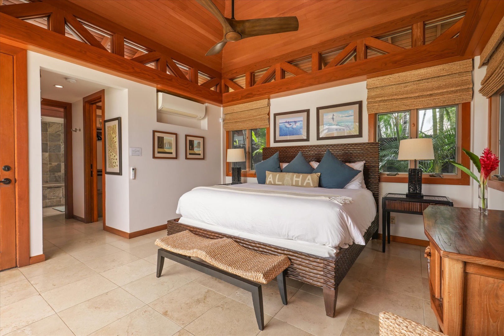 Kamuela Vacation Rentals, 3BD Na Hale 3 at Pauoa Beach Club at Mauna Lani Resort - The king bed faces the morning light in the Guest Suite (Bedroom #3), a bench at the foot for tomorrow's beach bag.