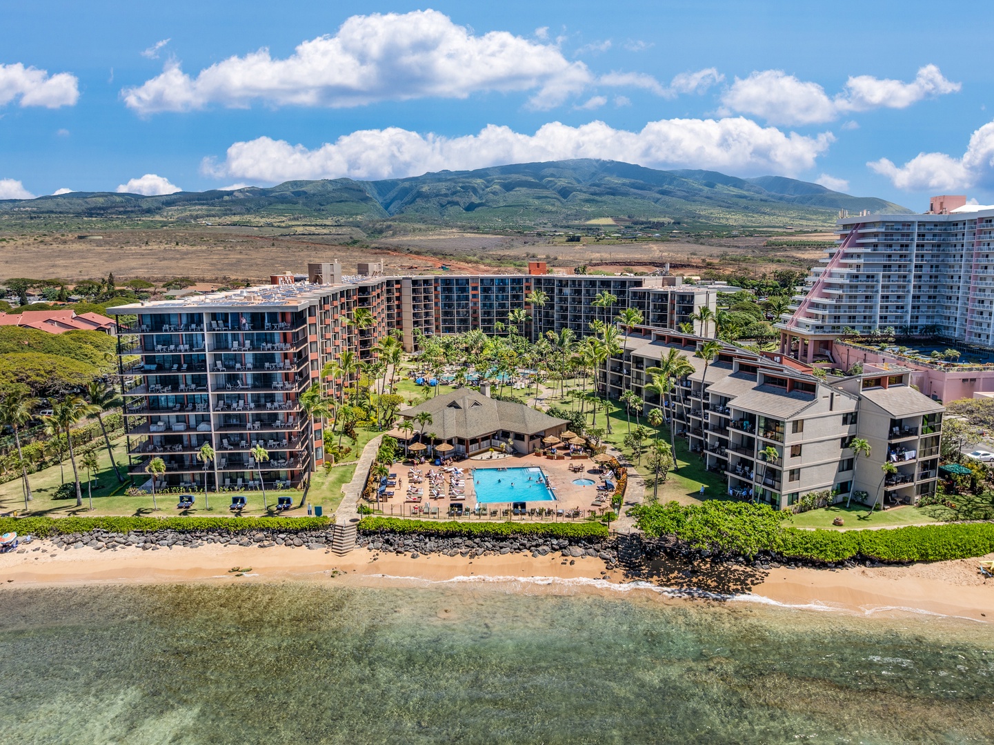 Lahaina Vacation Rentals, Kaanapali Shores 213 - Aerial view of Kaanapali Shores 213 with beach access and tropical grounds.