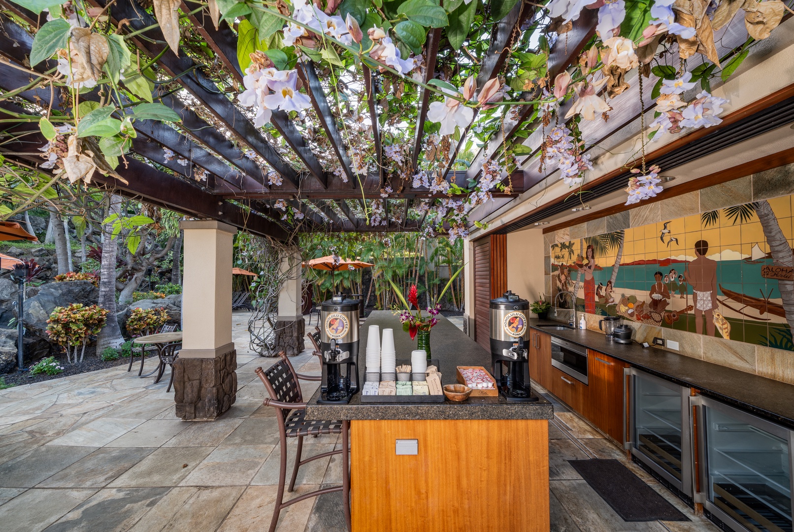 Wailea Vacation Rentals, Wailea Luxury Residence Hoolei 23-3 - Hangout in style in the flower-draped outdoor kitchen at Wailea Luxury Residence Hoolei 23-3.