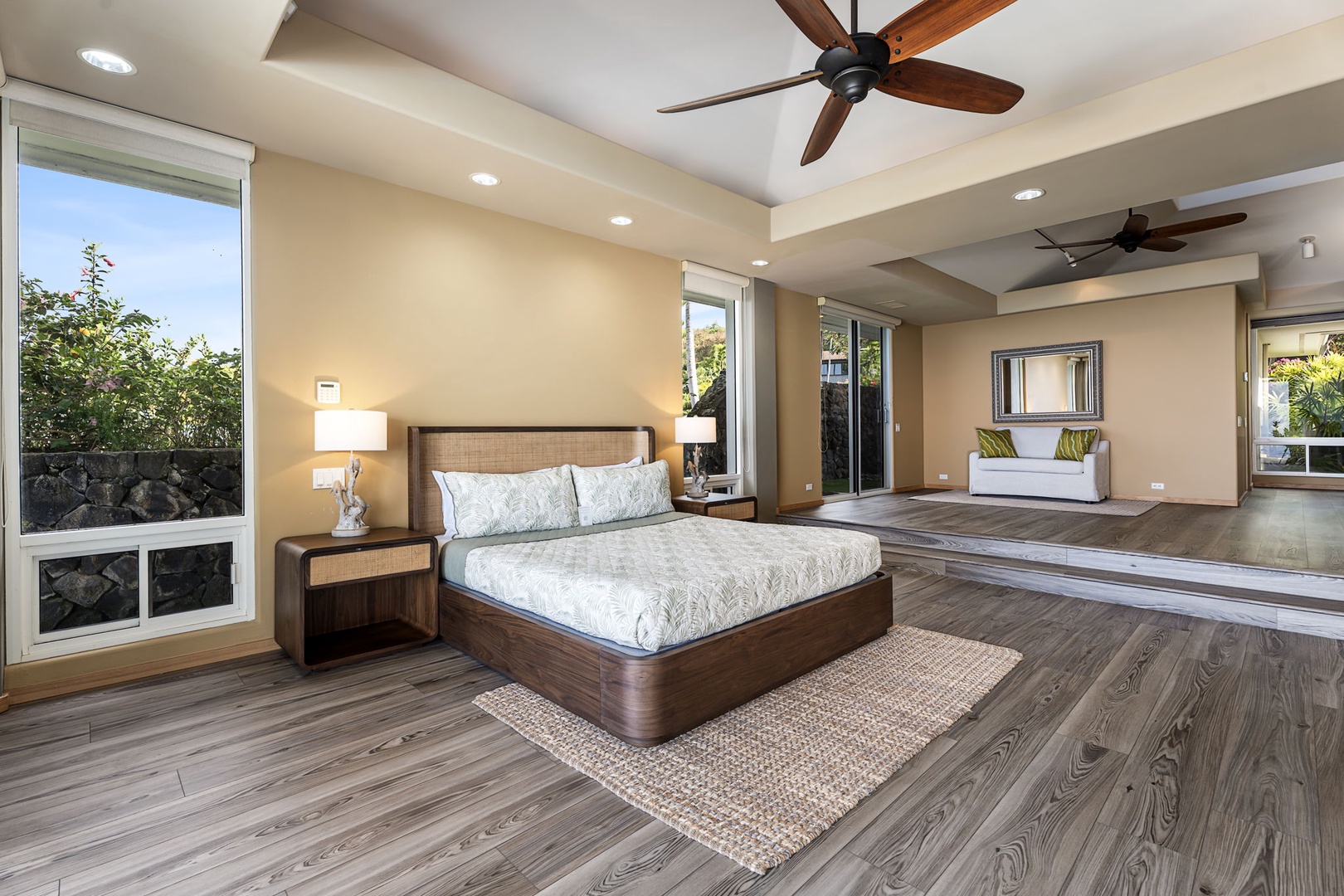 Kailua Kona Vacation Rentals, Hale Nai'a - Wake up in your spacious master suite with ocean views, where ceiling fans keep you cool and natural light fills the elegant space.